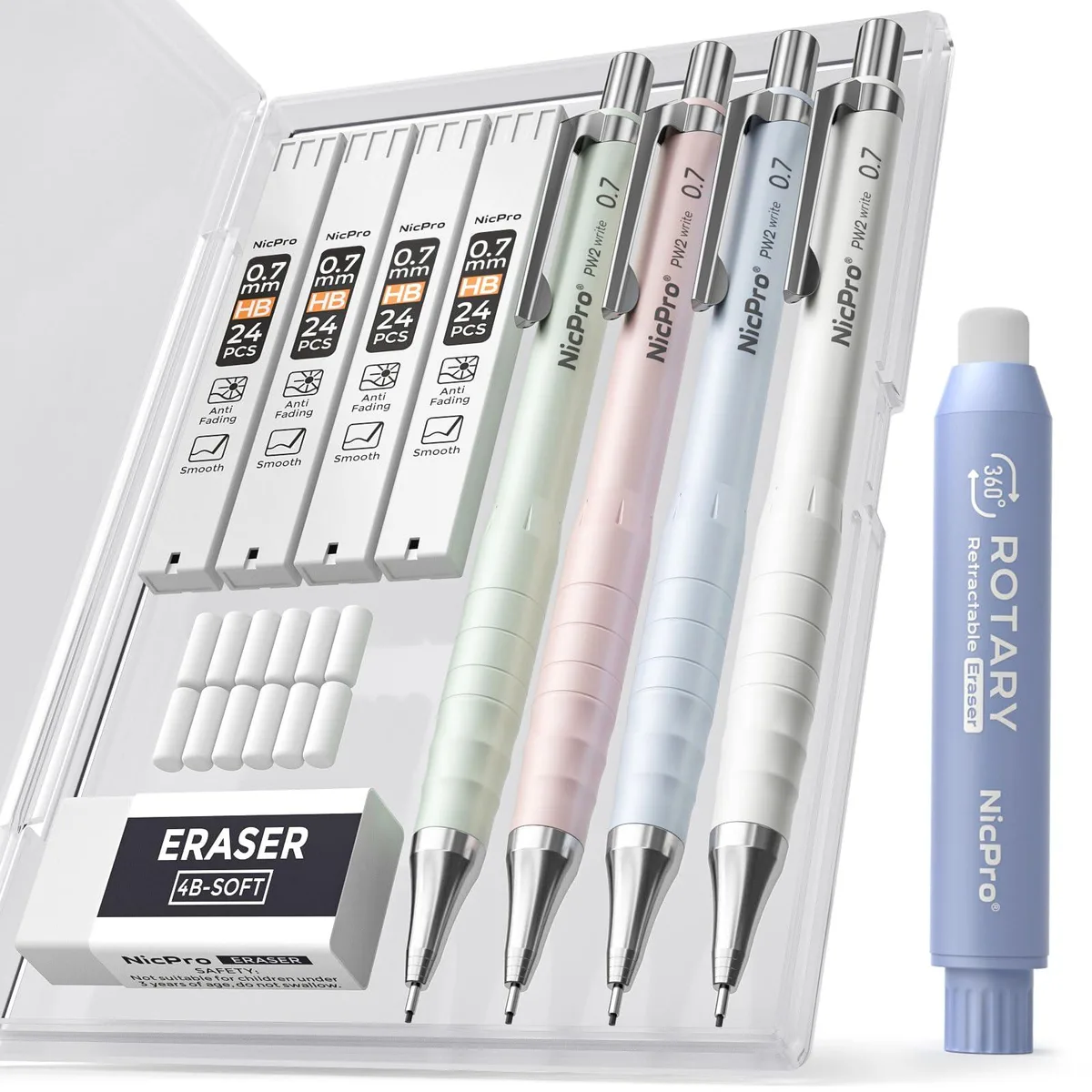 Four pastel mechanical pencils with erasers, leads and case