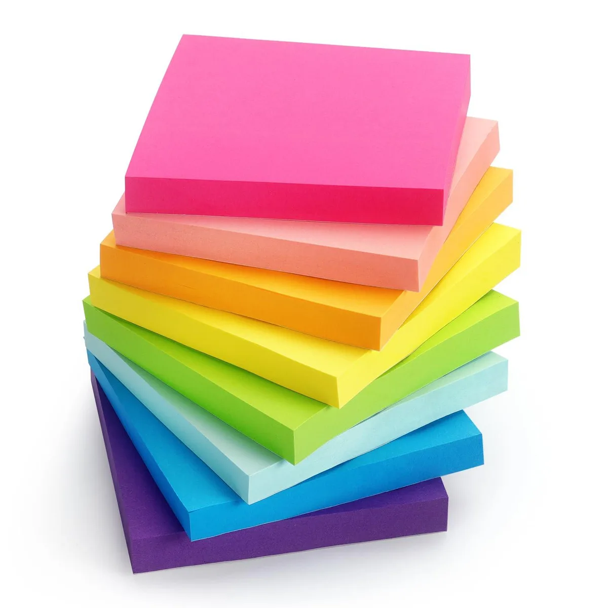 Eight square sticky-note pads in bright colours, 3 by 3 inches