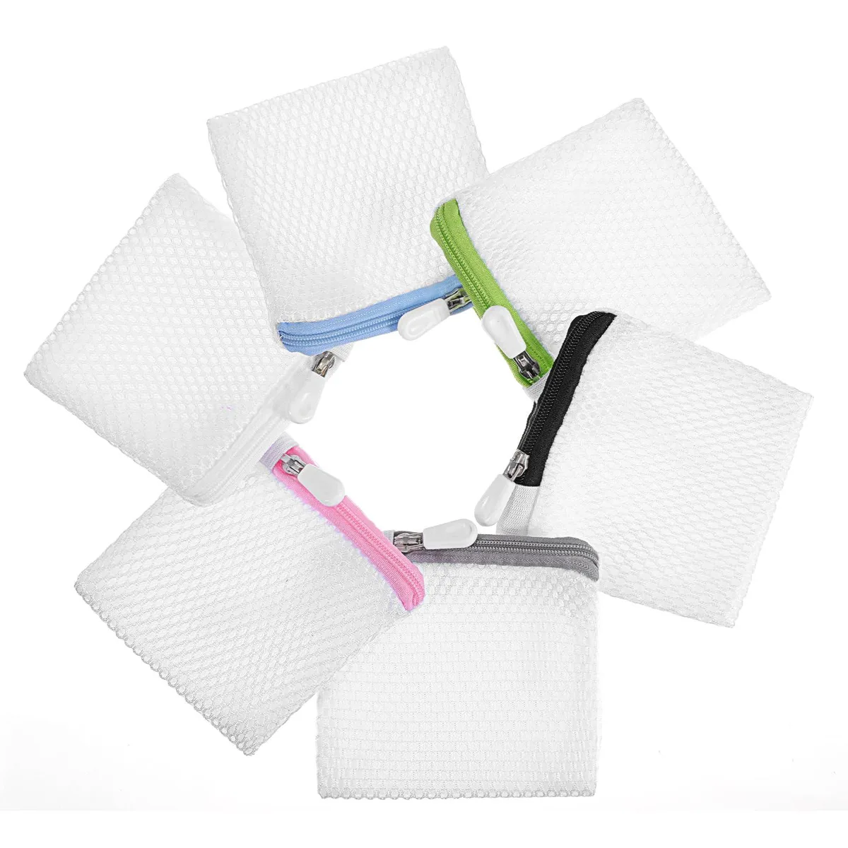 Six white mesh laundry bags with zippers, 11 by 10 cm each
