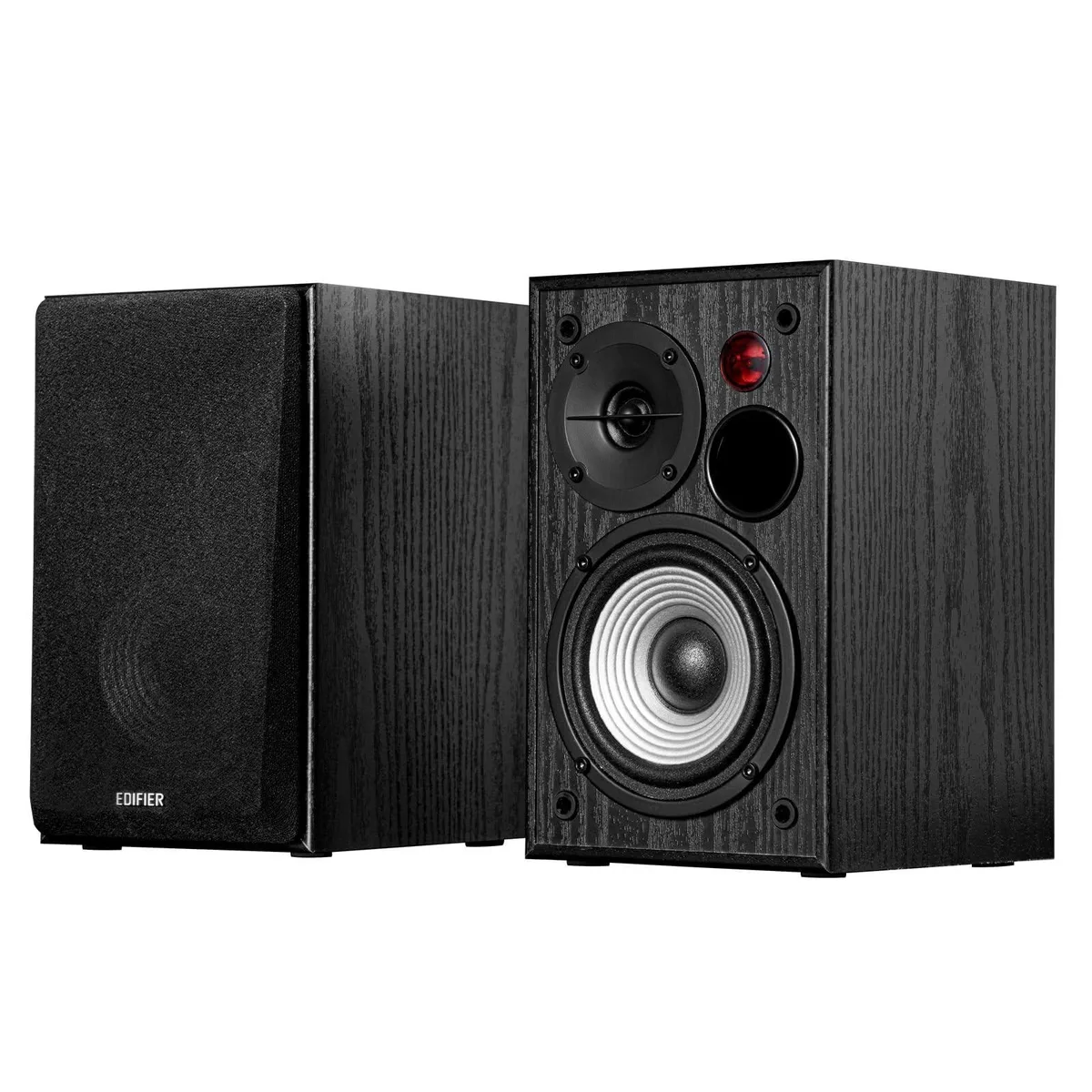 Pair of black bookshelf speakers with rear control knob