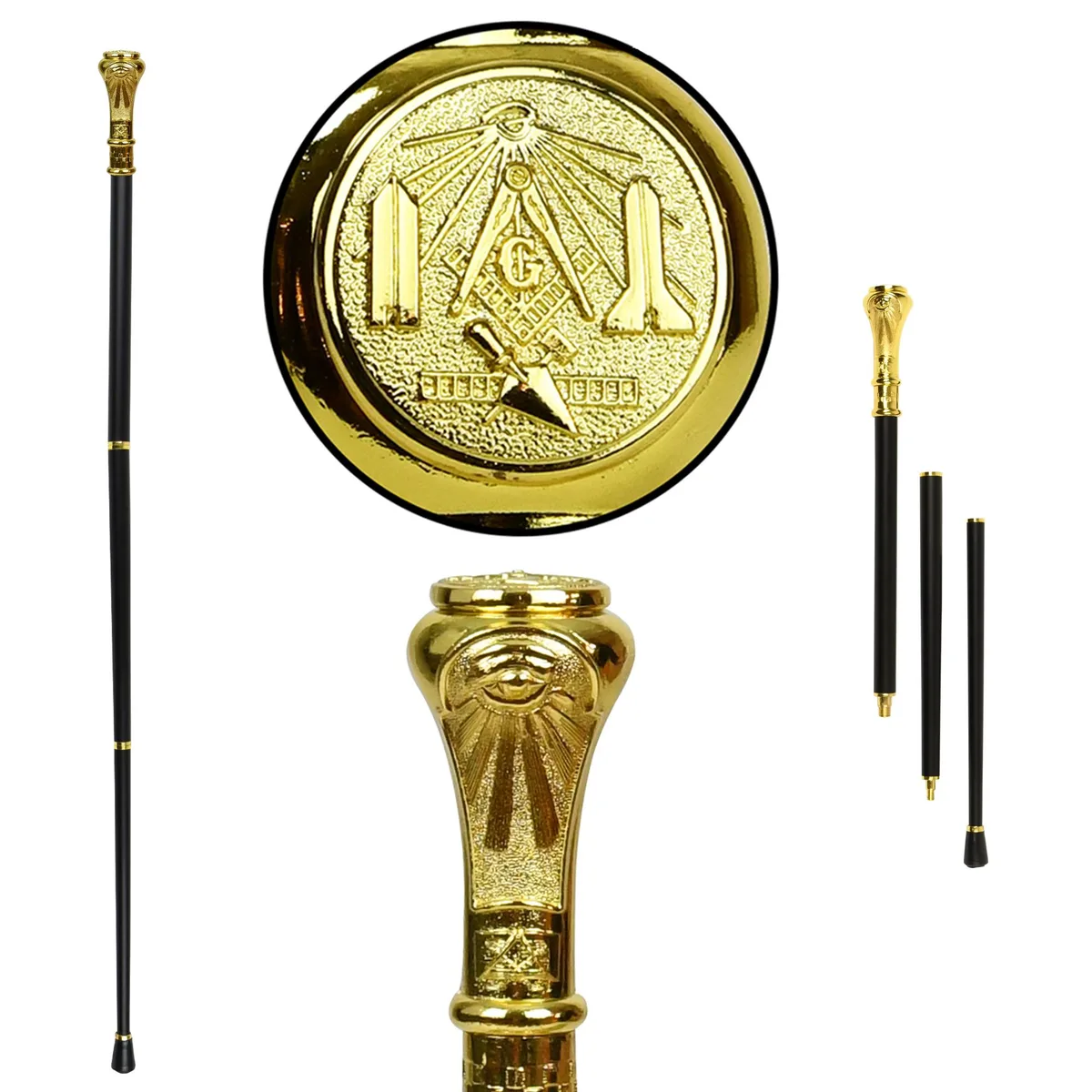 Gold collapsible cane with Masonic symbols, 37 inches long