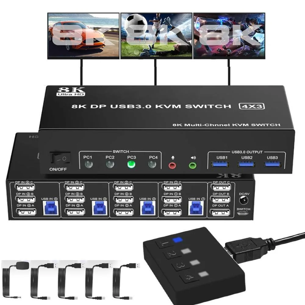 WRIARICH WRIARICH 4-Port 8K DisplayPort USB 3.0 KVM Switch 3 Monitors 4 Computers — product photo