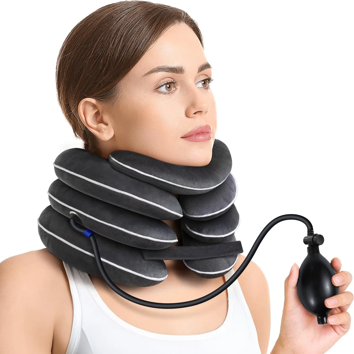 Black inflatable neck support with triple-layer design and chin-up contour, medium size