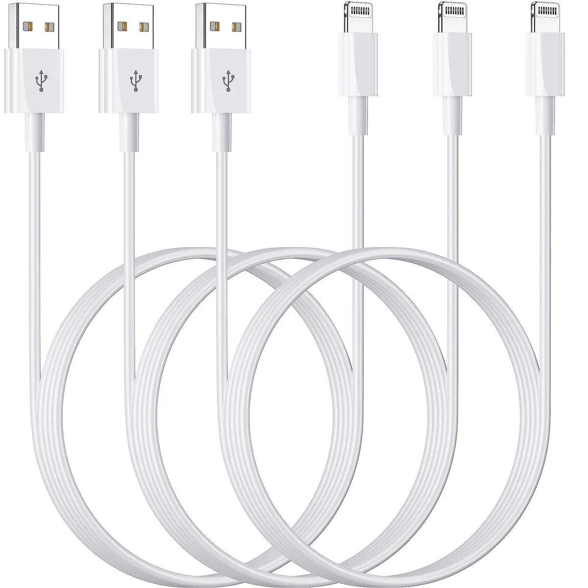 Three white 3-foot USB to Lightning cables with braided finish