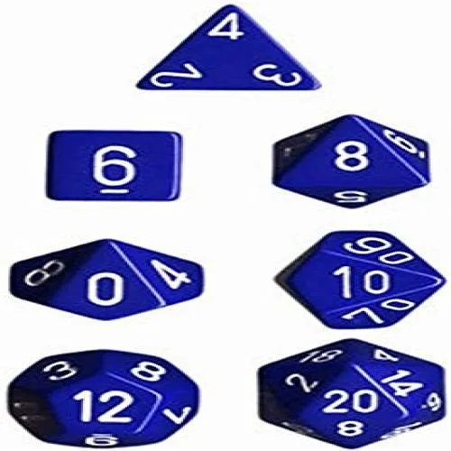 Fourteen opaque blue and white polyhedral dice in various shapes including D10 D12 D14 D16 D20 D24 D30