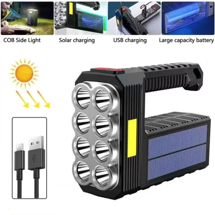 Rectangular black ABS flashlight with solar panel on top, USB port, 165 mm long