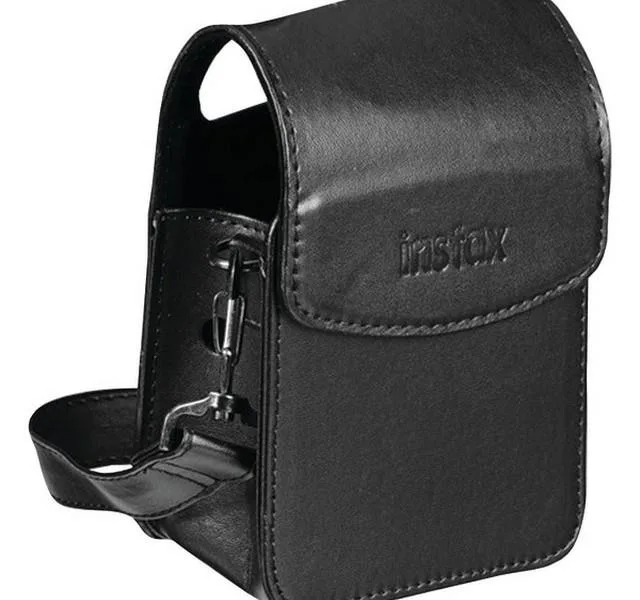 Black synthetic leather shoulder bag with magnetised flap and adjustable strap for Instax Share Printer