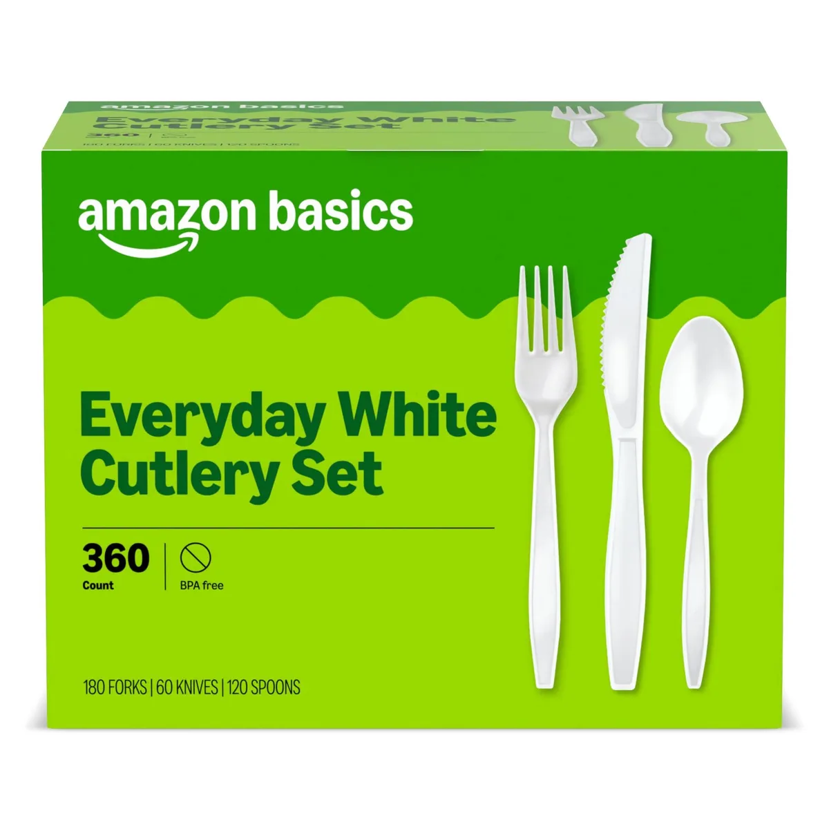 White plastic cutlery set in bulk box, 360 pieces visible