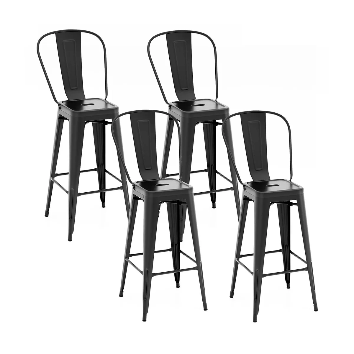 Four black metal barstools with removable backrests, stackable design, 30 inch seat height