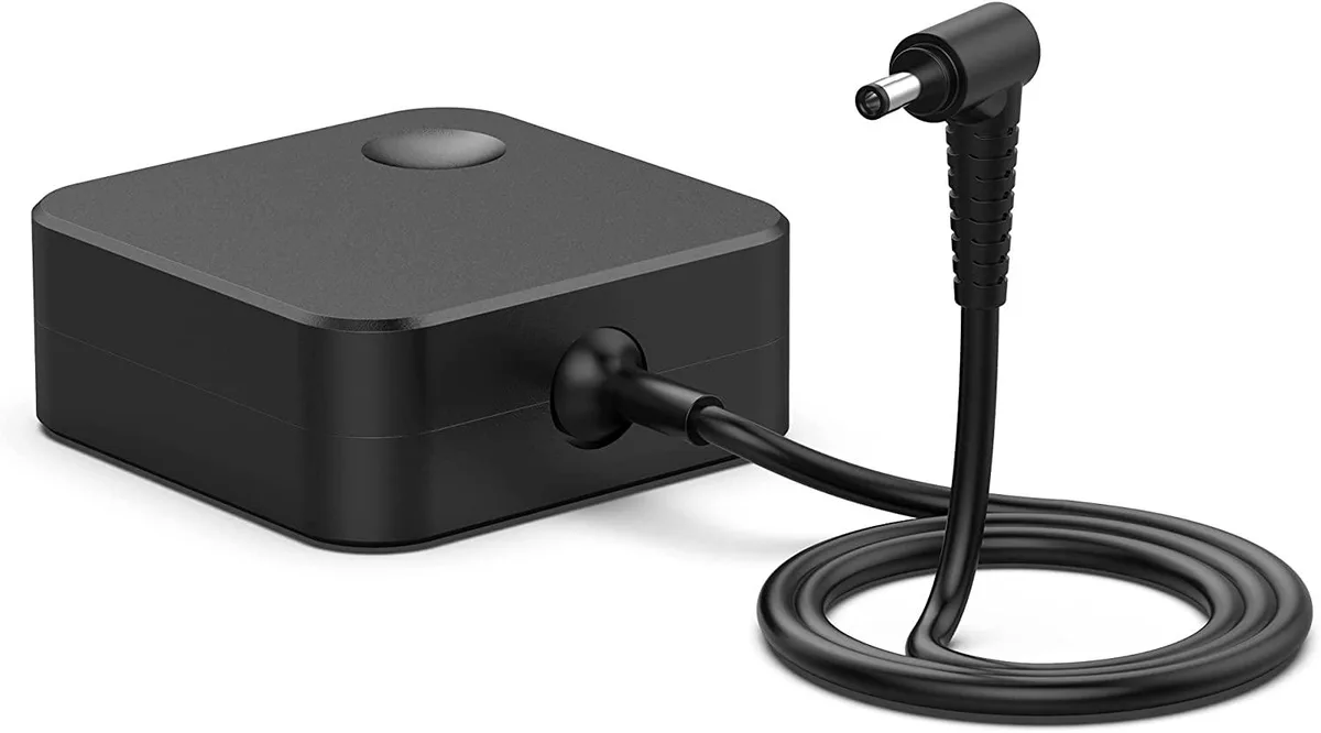 Compact black rectangular AC adapter with detachable mains cable and 4.0 by 1.7 mm barrel connector