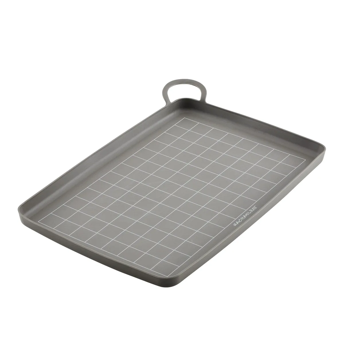 Gray silicone nonstick baking mat 10 by 14.75 inches with grid lines and loop handle