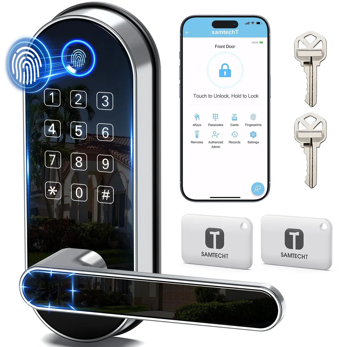 Silver smart door lock with integrated handle, keypad and fingerprint sensor, rectangular shape, matte finish
