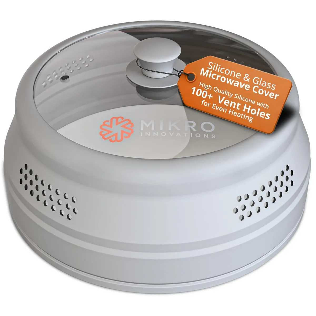 Gray glass and silicone microwave splatter cover, 10.5in diameter, collapsible tall design with wide handle