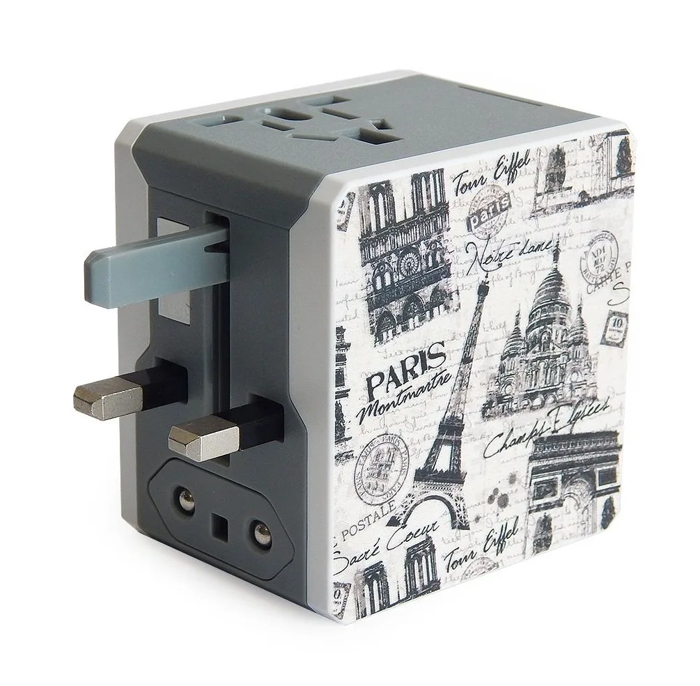 Compact white travel adapter with Paris landmark print and two USB ports