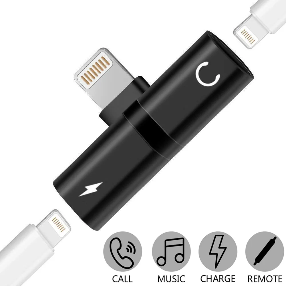 Compact black Lightning splitter adapter with dual ports for audio and charging