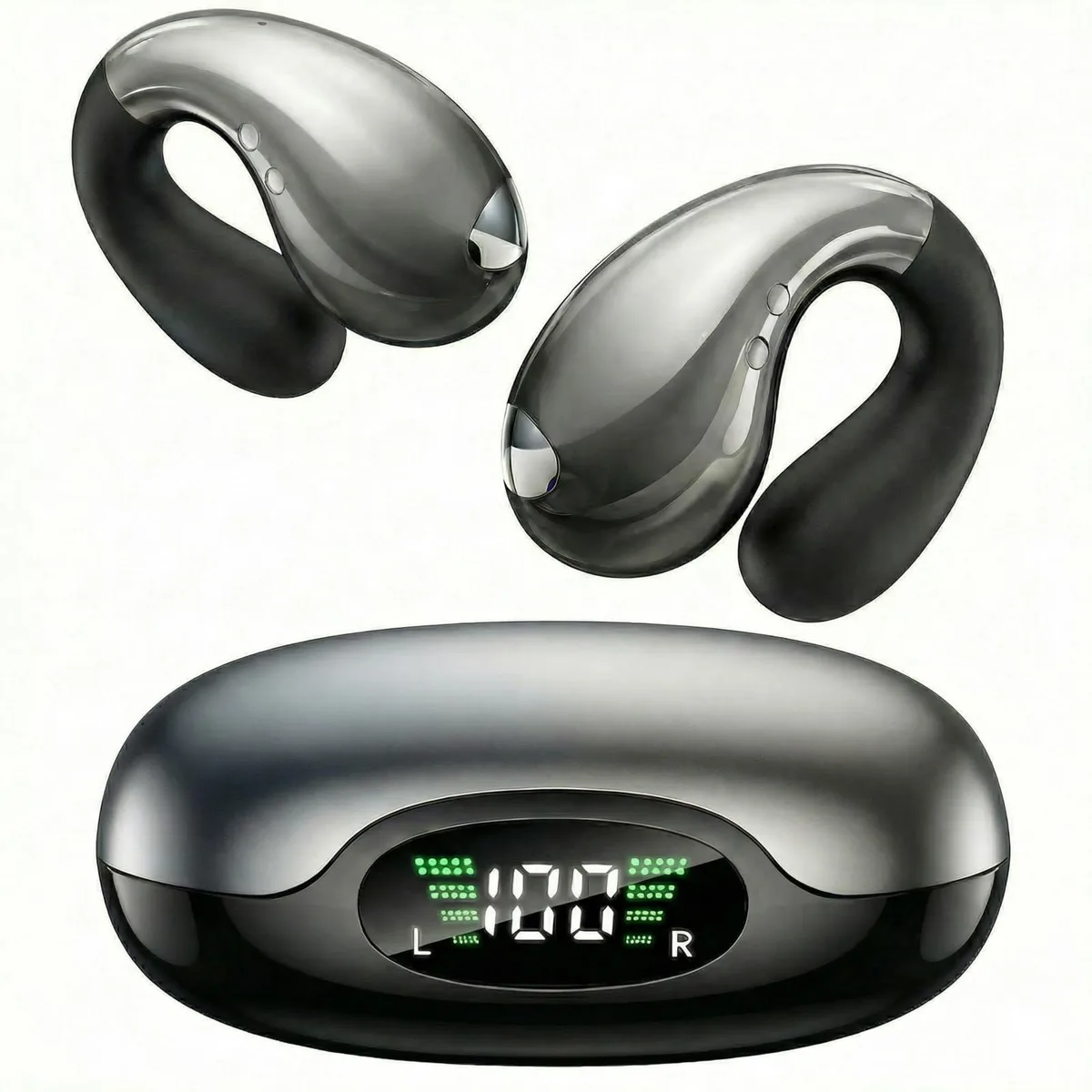 Black open-ear clip-on wireless headphones with touch controls