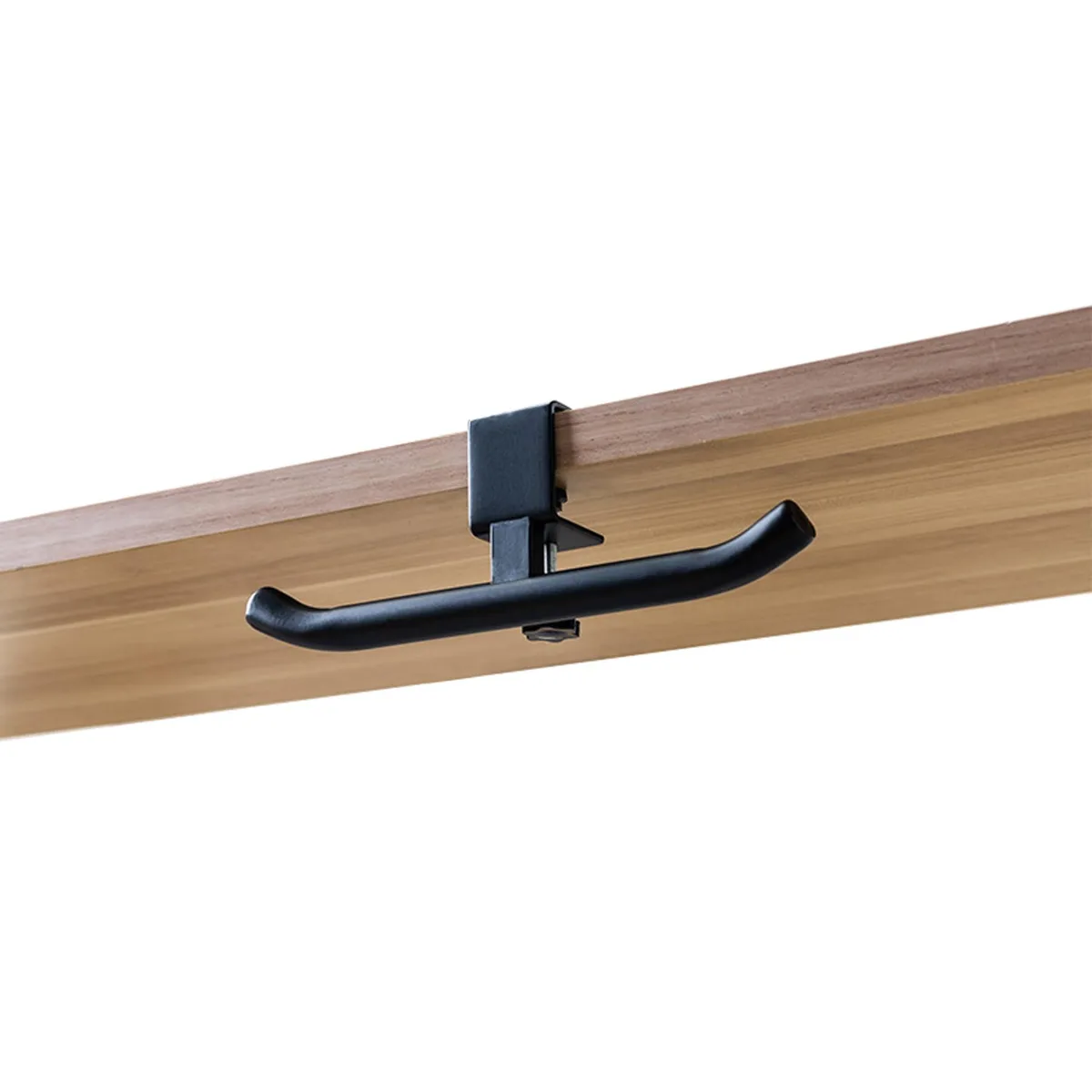 Black clamp-on desk hook with adjustable metal jaw and curved plastic hanger arm