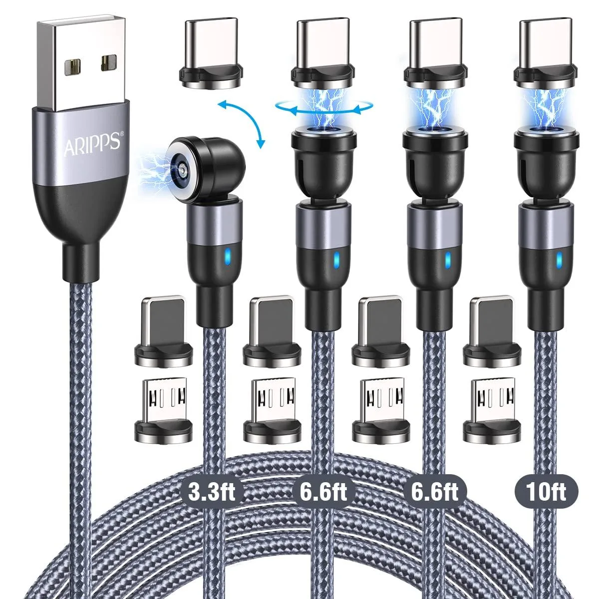  Aripps Nexus 5 540° Rotating Magnetic Cable 4-Pack Grey 3.3/6.6/10ft — product photo