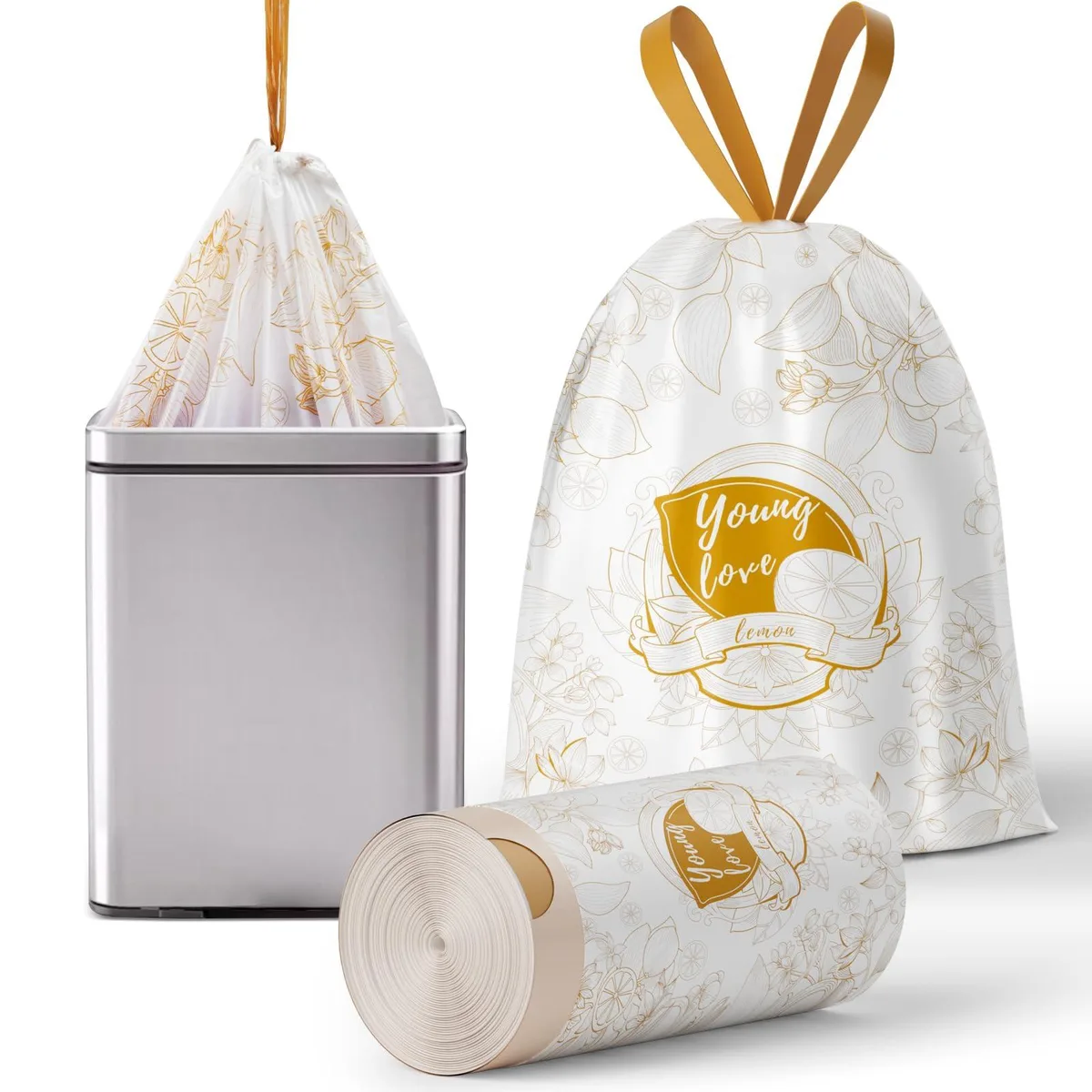 White 13 gallon trash bags with lemon print and drawstring closure, 50 count pack
