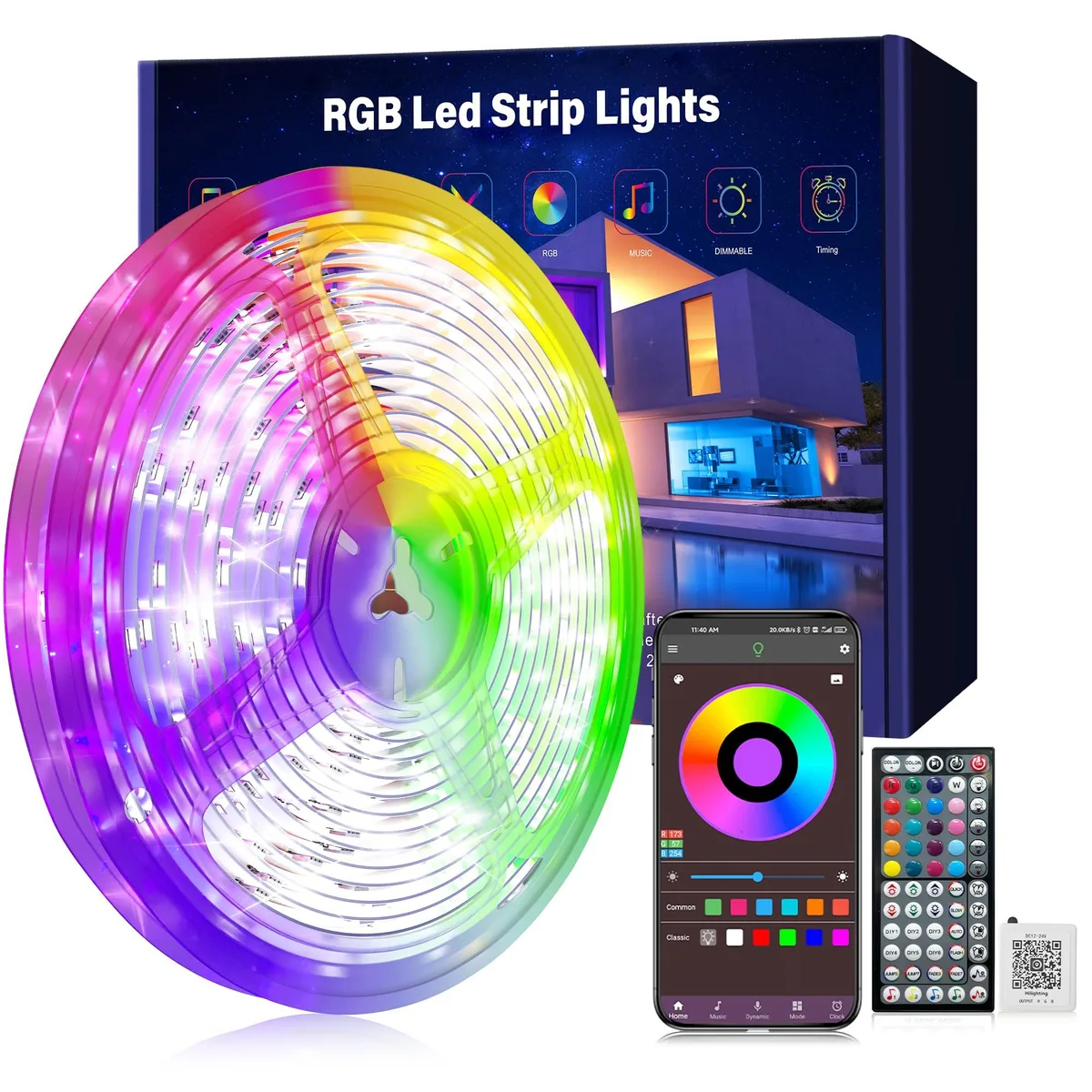 A 100ft LED strip light roll with orange finish and adhesive backing