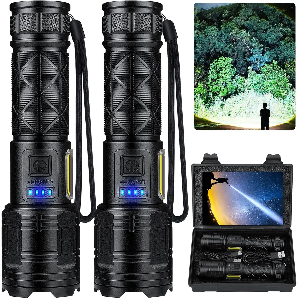 Two black cylindrical aluminium flashlights side by side
