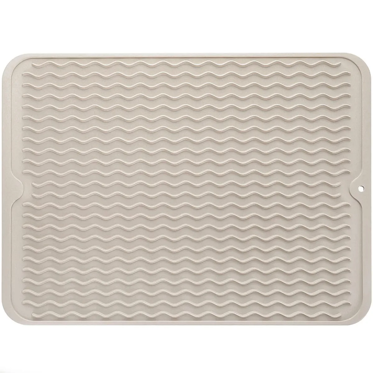 Warm beige silicone drying mat with raised ridges, 16 by 12 inches