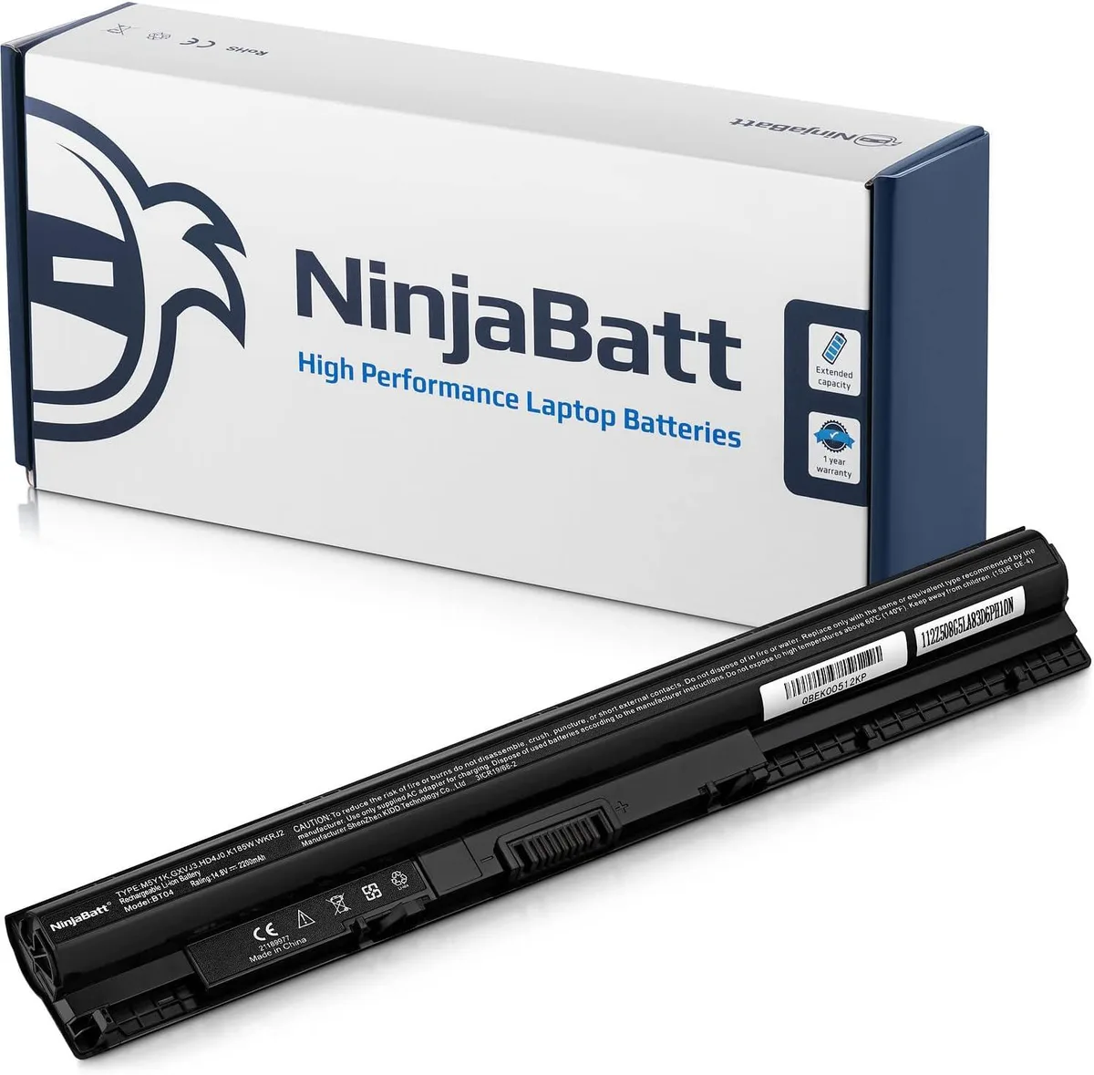 Rectangular black lithium-ion laptop battery pack with four cells