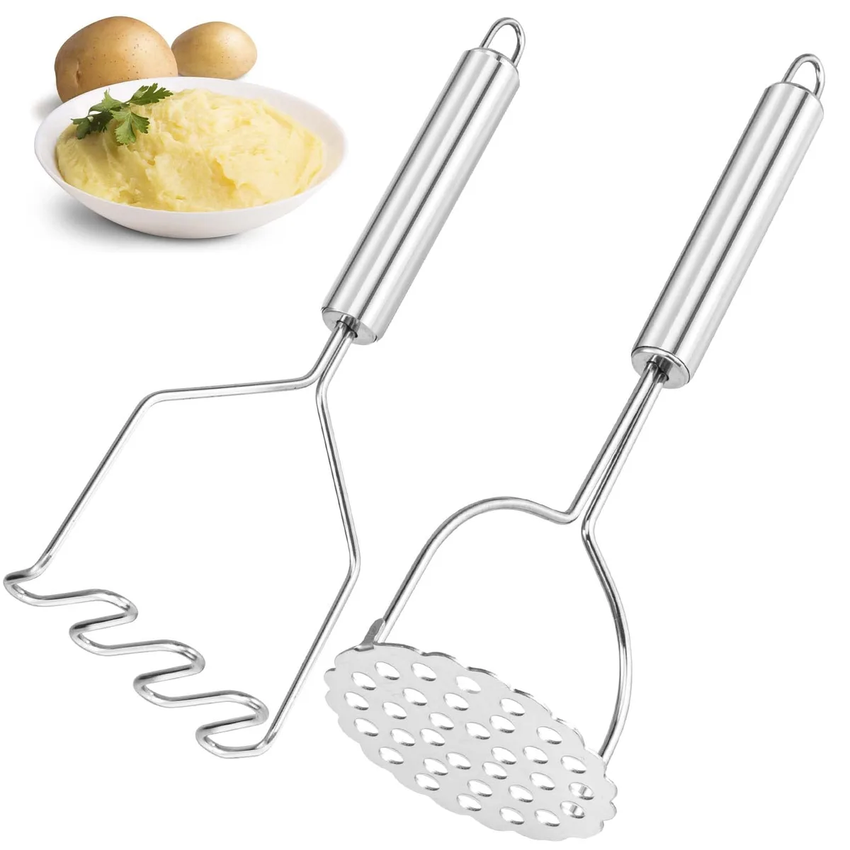 Two stainless steel potato mashers, one wavy head, one round holes, silver finish, ergonomic handles