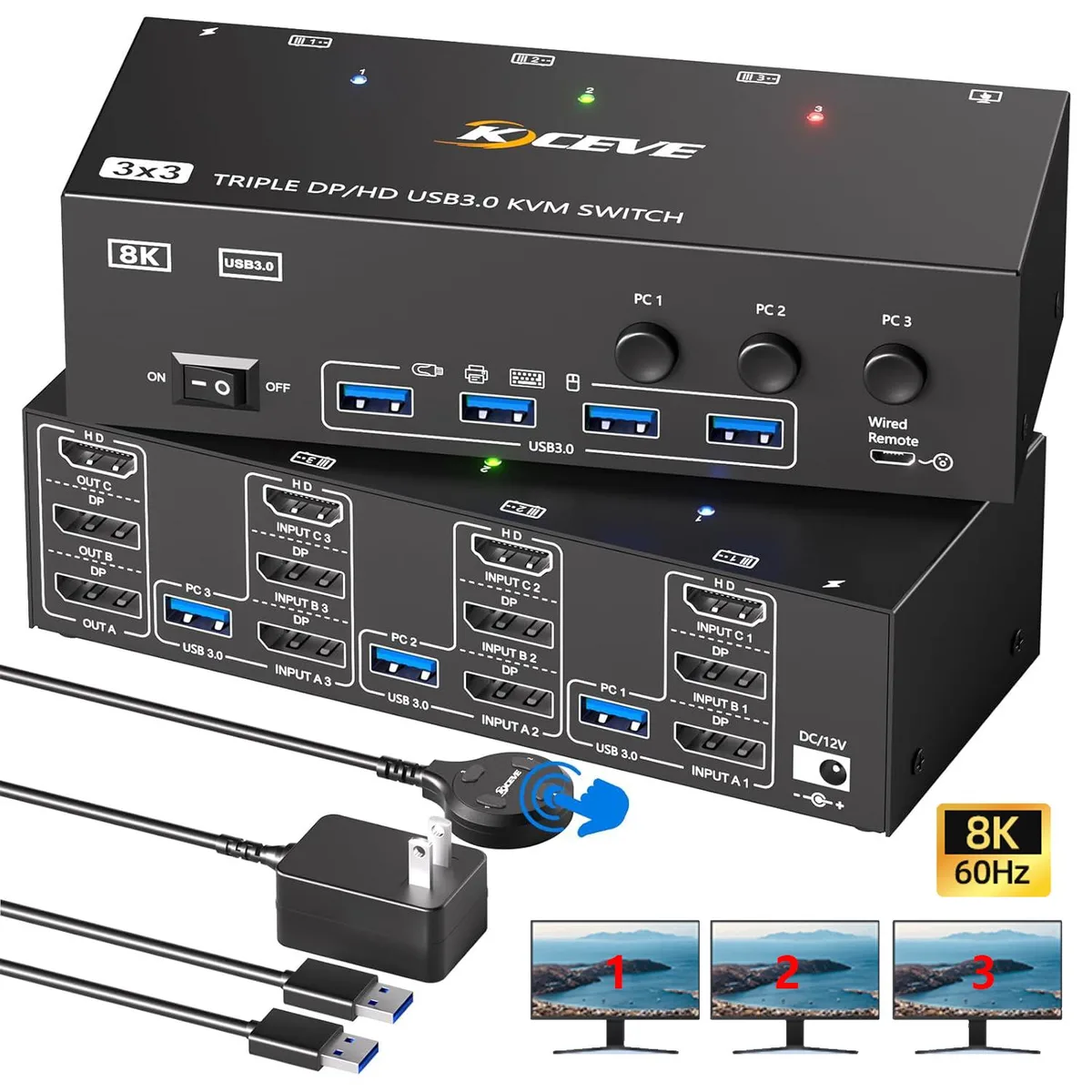 AUTYUE AUTYUE KC-303DH 3-Port HDMI + 2DP KVM Switch 8K@60Hz 4K@144Hz 4 USB 3.0 — product photo