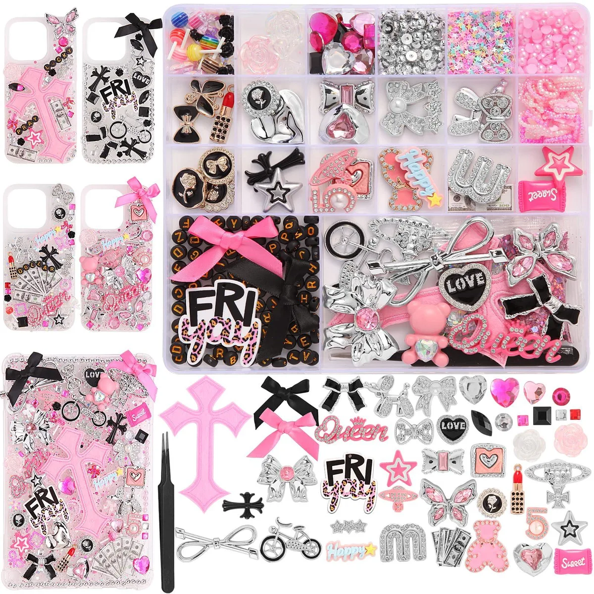 A compartmented box holding 2380 assorted resin charms, beads and tweezers