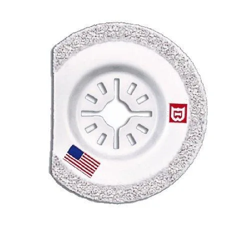 Silver oscillating tool blade with segmented carbide edge, universal fit