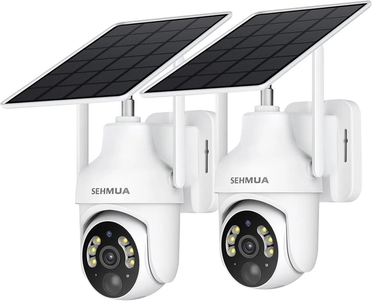 Two white bullet cameras with solar panels, wall-mounted, 360 pan tilt, IP65 waterproof