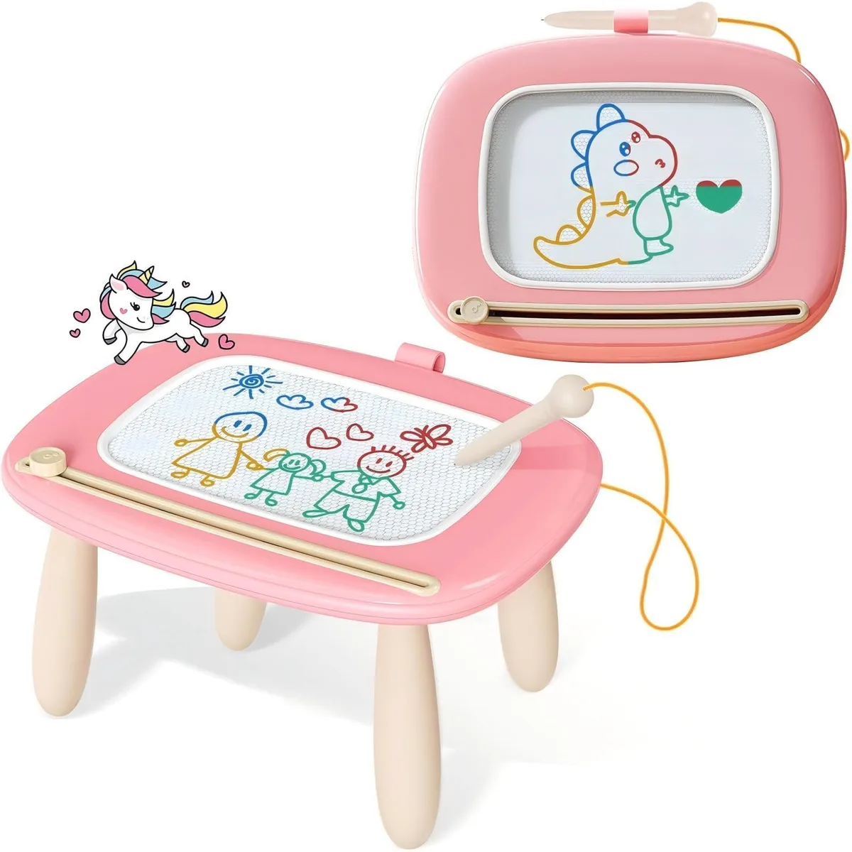 Soft pink rectangular magnetic drawing board with detachable legs and eraser knob