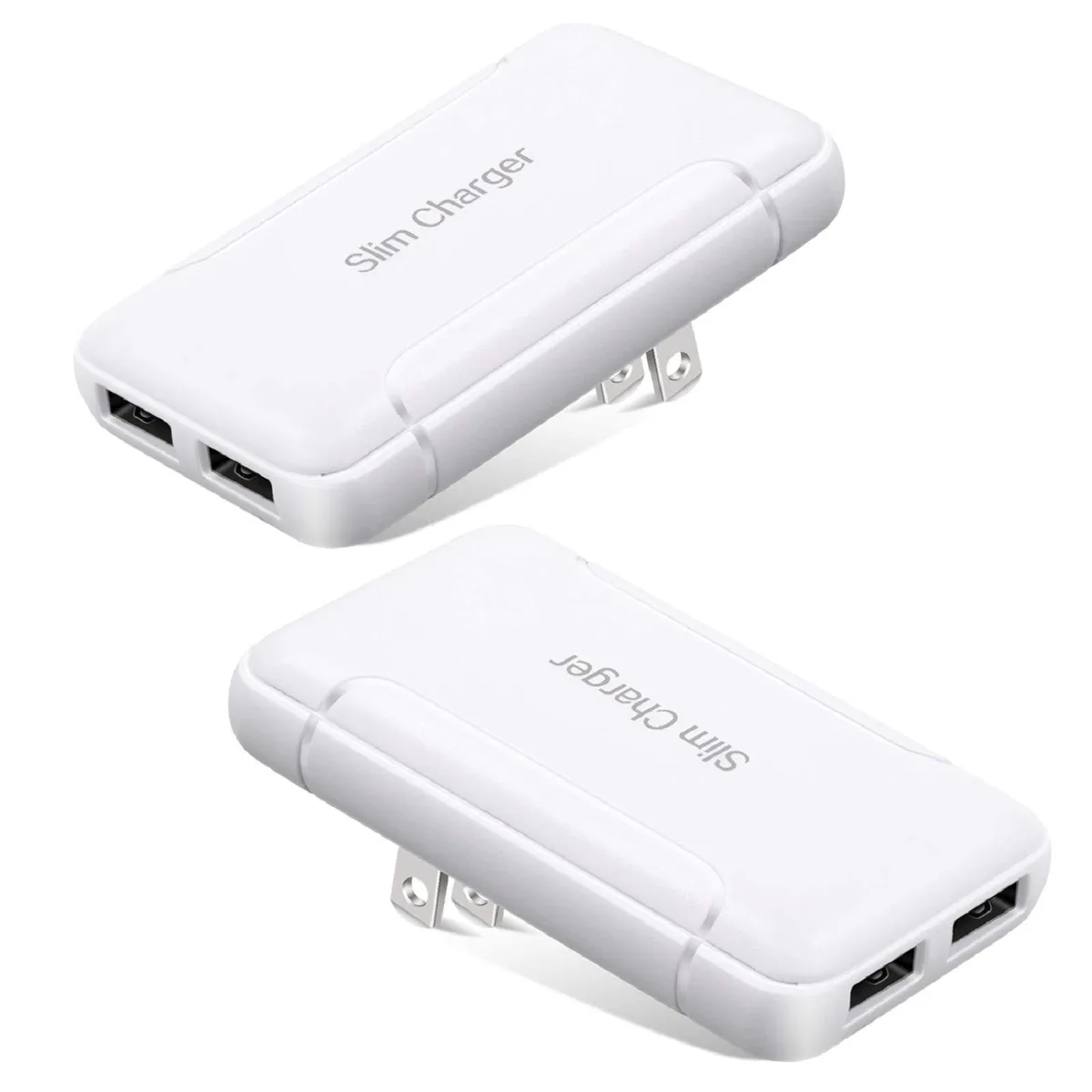 Two slim white USB wall chargers with foldable pins