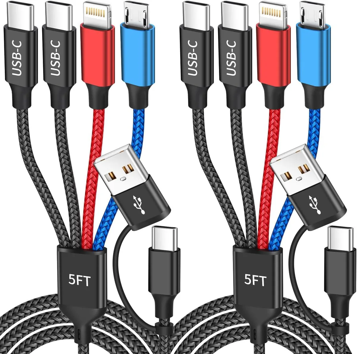 Two flat braided cables with dual USB-C and USB-A ends splitting into four connectors each