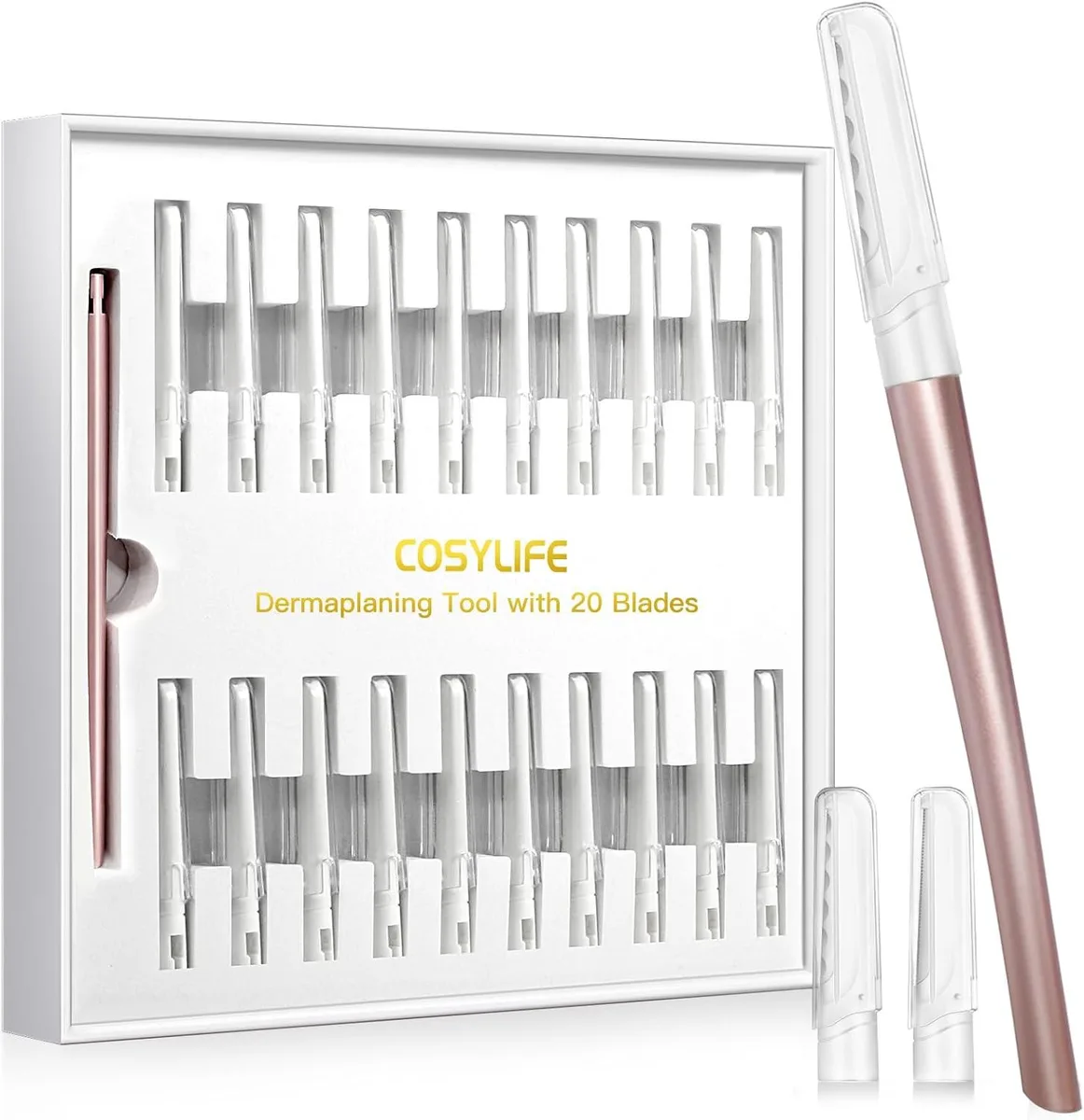Dermaplaning tool with handle and twenty replaceable blades