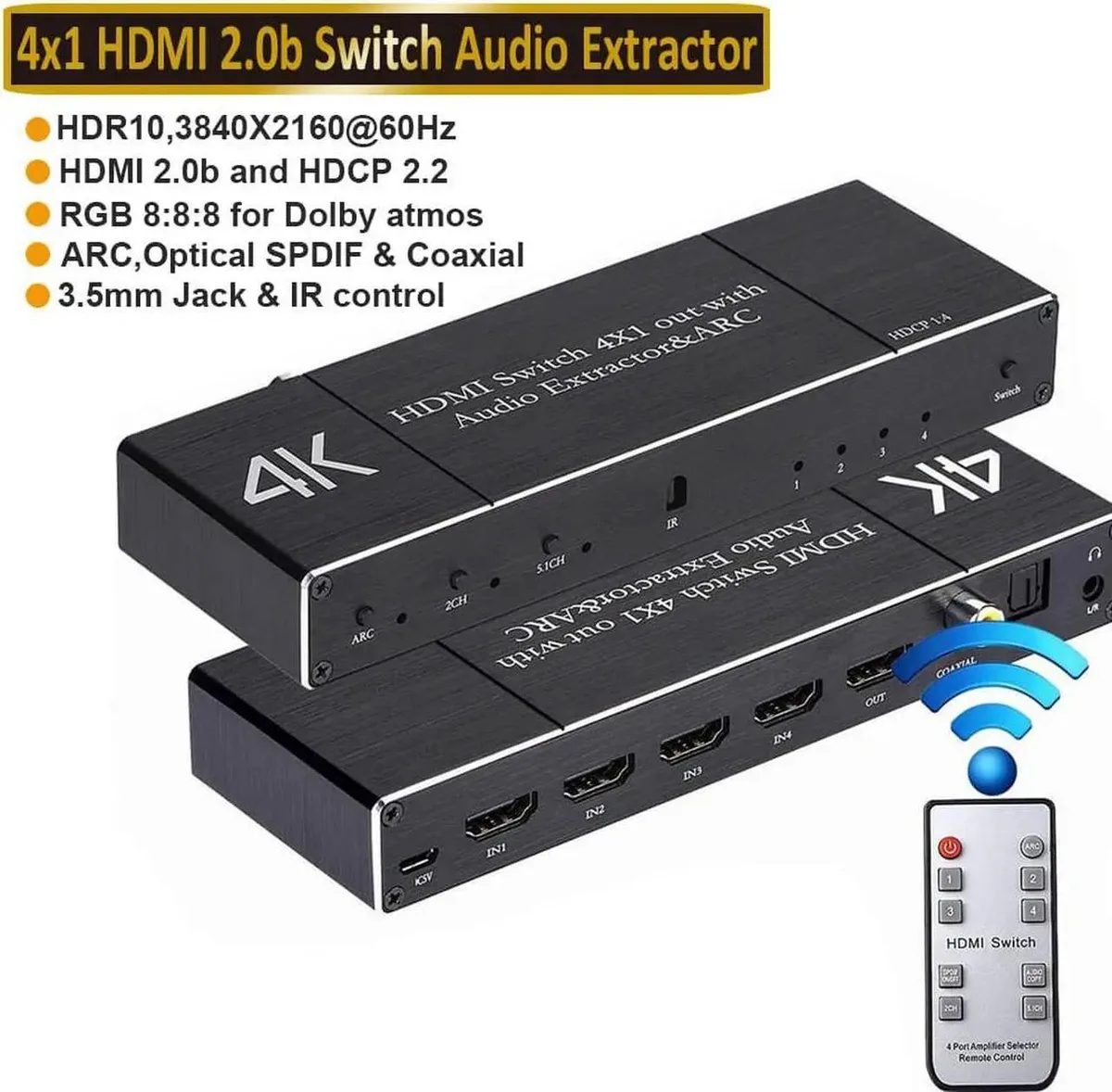 Vszerda Vszerda 4K 60Hz 4 in 1 Out HDMI Switcher Audio Extractor IR Remote OZQ7 — product photo