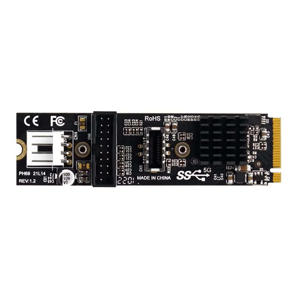 Black compact adapter with USB 3.1 front panel header and NVME M-Key card edge connector