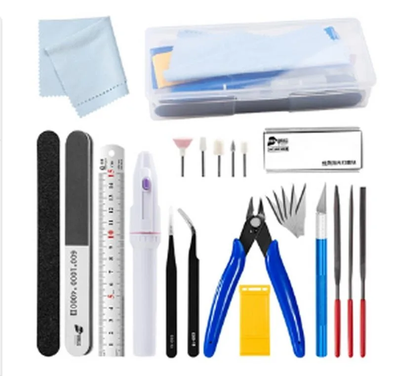 A 25-piece Gundam model tool kit in a plastic storage box, containing side pliers, tweezers, files, pen knife, polishing sticks