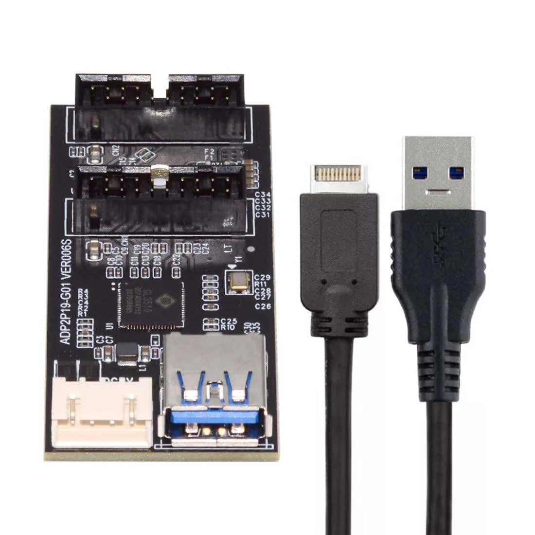 Small green PCB adapter with USB 3.1 Type E plug dual 19/20 pin headers and SATA power cable