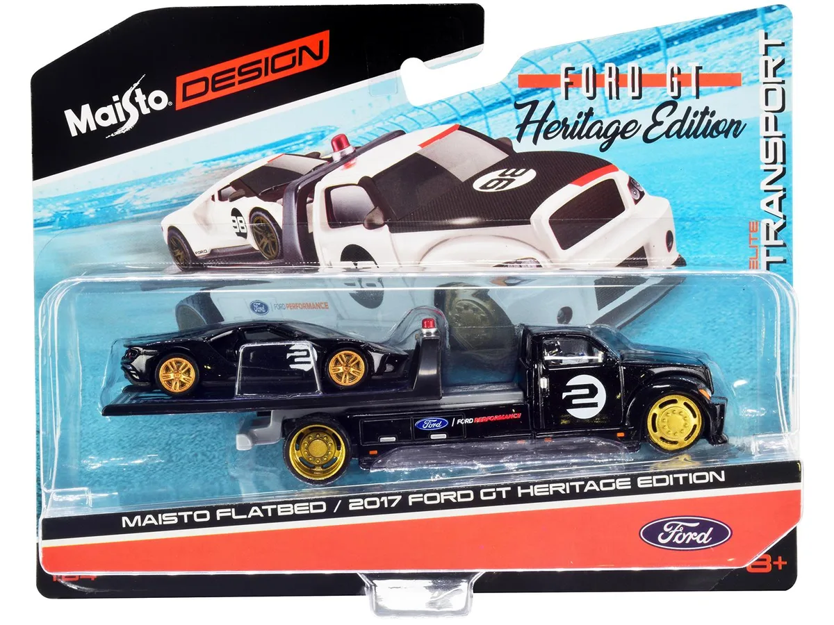 Maisto Maisto 2017 Ford GT #2 Heritage Edition with Flatbed Truck Black Elite Transport 1/64 — product photo