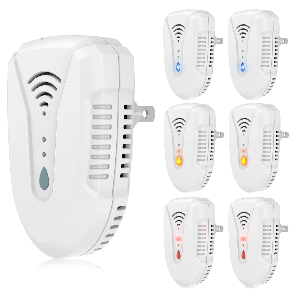 Six white plug-in ultrasonic pest repellers side by side