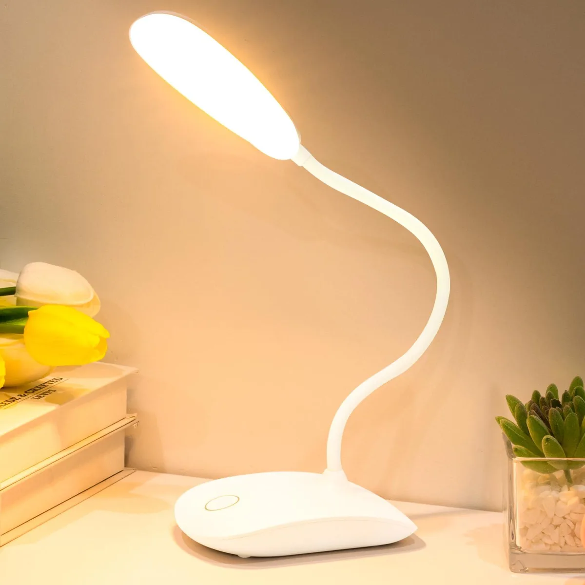White rectangular desk lamp with painted finish, foldable 360-degree flexible neck, touch control panel on base