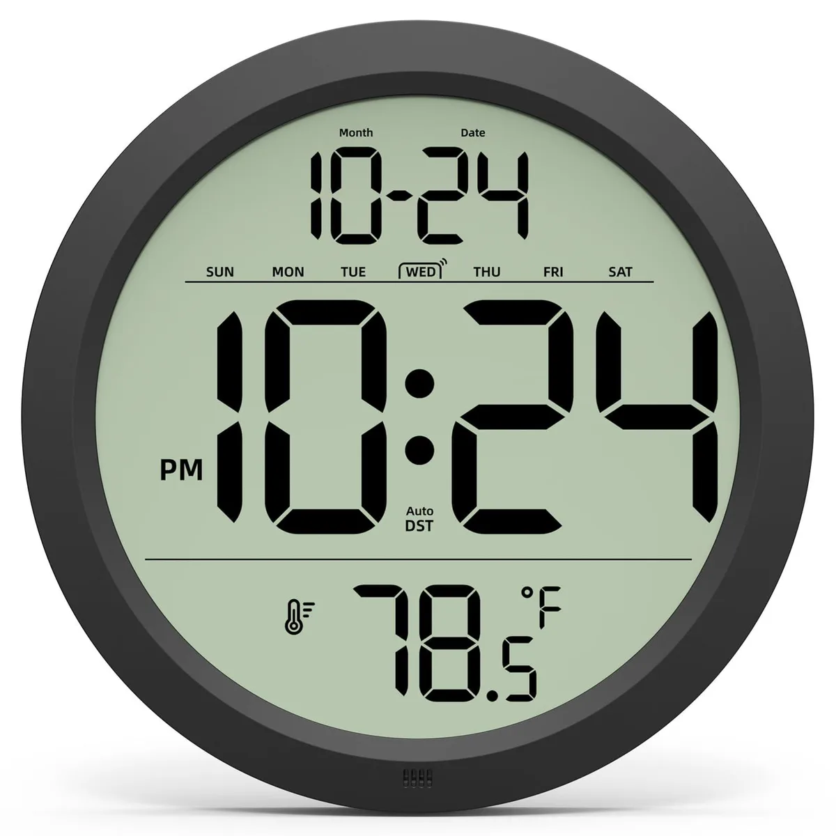 Square black digital wall clock with clear LCD display