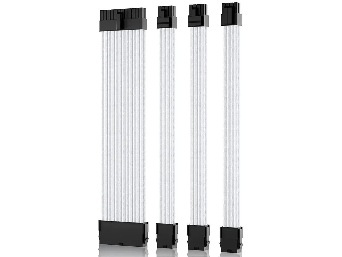 White sleeved PSU cable kit with 24-pin ATX, EPS and dual PCIe connectors, combs included
