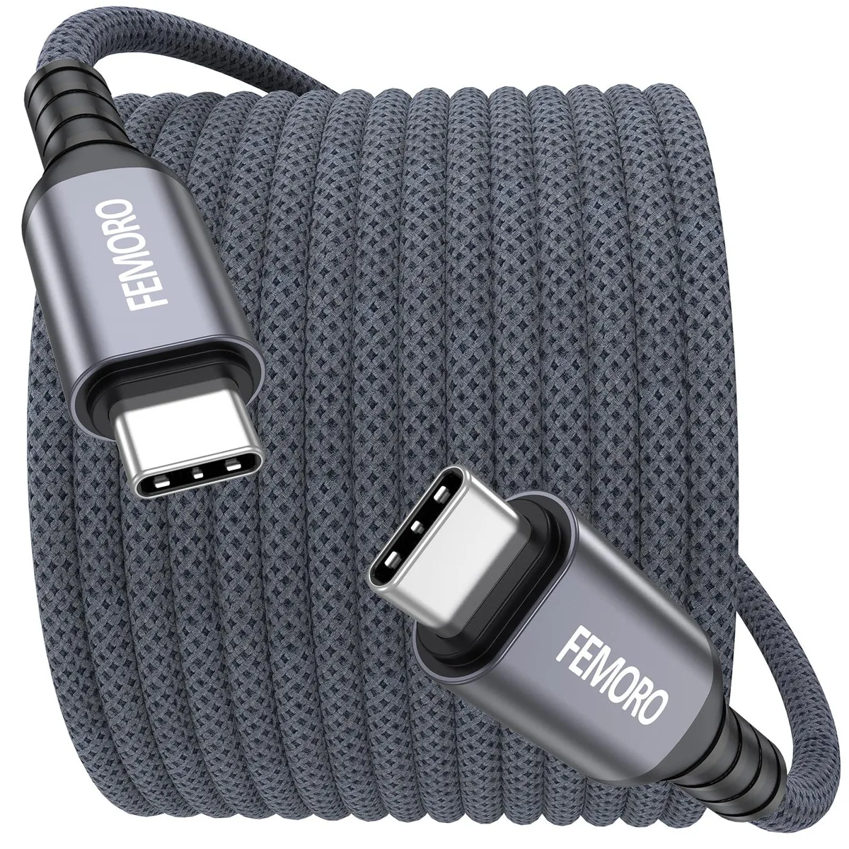 Grey braided USB-C to USB-C cable, 20 ft, male-to-male connectors