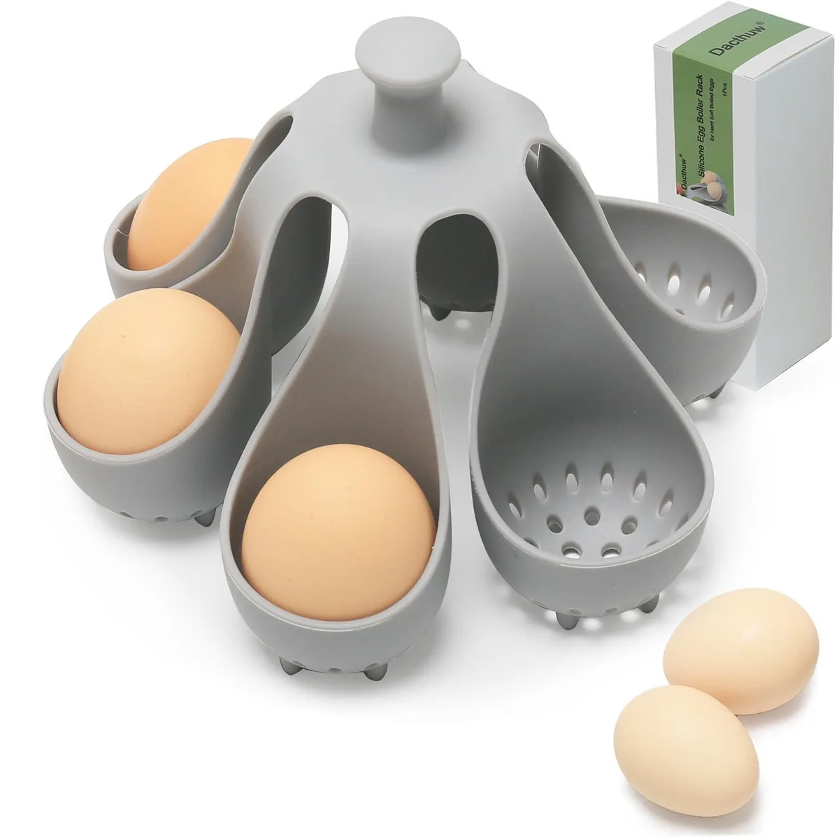Grey silicone egg boiler rack with six holders and handle