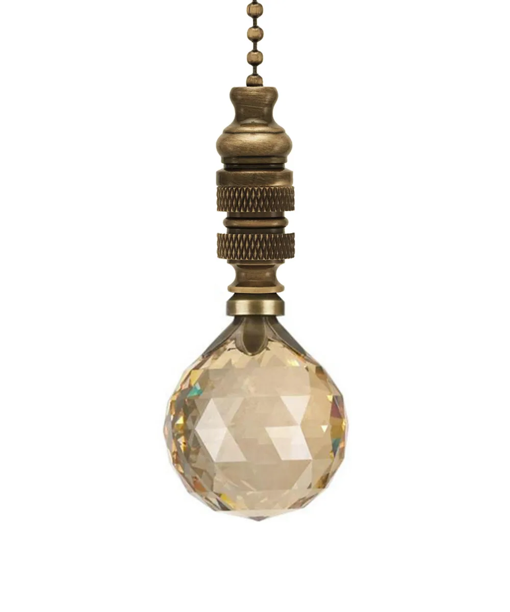 Antique brass faceted champagne crystal ball pull on 12 inch beaded chain