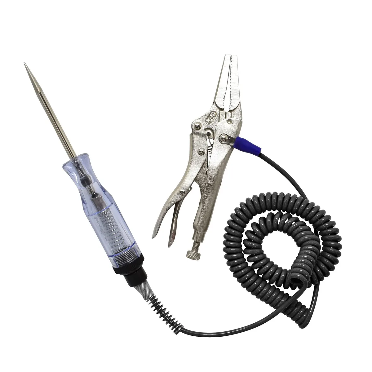 Yellow circuit tester with locking pliers clamp and coiled black cord
