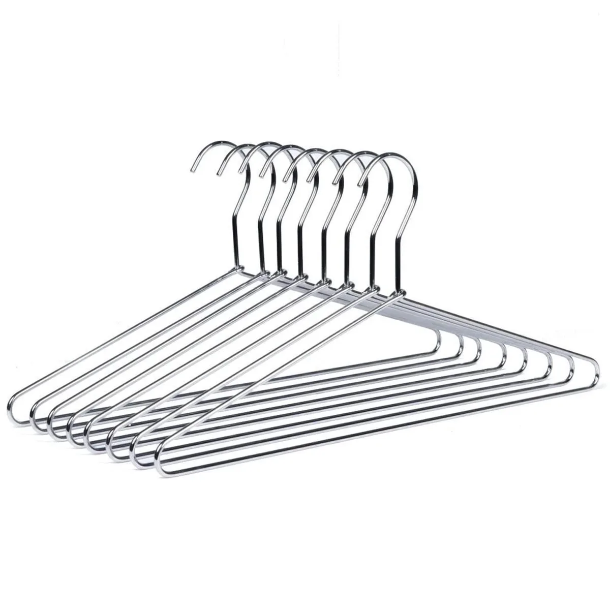 Ten slim silver stainless steel coat hangers with smooth chrome finish, 17 inches wide